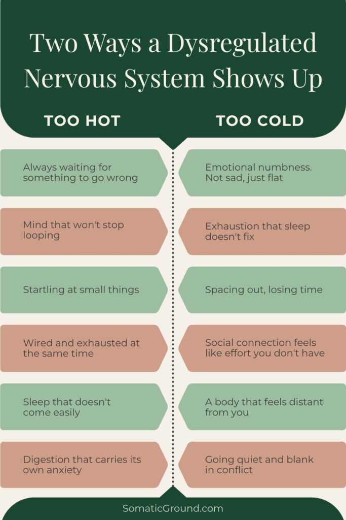 Infographic showing the two states of nervous system dysregulation: sympathetic dominance and dorsal vagal shutdown.